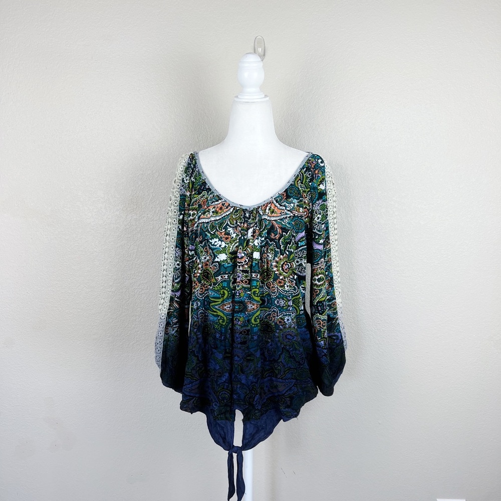 Mystree Boho Pattern Tie Front Ombr Lace Blouse - image 2